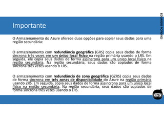 Corporativo | Interno
EDUARDO
POPOVICI
EDUARDO
POPOVICI
Importante
O Armazenamento do Azure oferece duas opções para copiar seus dados para uma
região secundária:
O armazenamento com redundância geográfica (GRS) copia seus dados de forma
síncrona três vezes em um único local físico na região primária usando o LRS. Em
seguida, ele copia seus dados de forma assíncrona para um único local físico na
região secundária. Na região secundária, seus dados são copiados de forma
síncrona três vezes usando o LRS.
O armazenamento com redundância de zona geográfica (GZRS) copia seus dados
de forma síncrona em três zonas de disponibilidade do Azure na região primária
usando ZRS. Em seguida, copia seus dados de forma assíncrona para um único local
físico na região secundária. Na região secundária, seus dados são copiados de
forma síncrona três vezes usando o LRS.
 