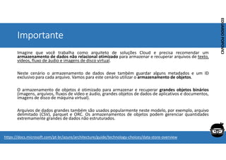 Corporativo | Interno
EDUARDO
POPOVICI
EDUARDO
POPOVICI
Importante
Imagine que você trabalha como arquiteto de soluções Cloud e precisa recomendar um
armazenamento de dados não relacional otimizado para armazenar e recuperar arquivos de texto,
vídeos, fluxo de áudio e imagens de disco virtual.
Neste cenário o armazenamento de dados deve também guardar alguns metadados e um ID
exclusivo para cada arquivo. Vamos para este cenário utilizar o armazenamento de objetos.
O armazenamento de objetos é otimizado para armazenar e recuperar grandes objetos binários
(imagens, arquivos, fluxos de vídeo e áudio, grandes objetos de dados de aplicativos e documentos,
imagens de disco de máquina virtual).
Arquivos de dados grandes também são usados popularmente neste modelo, por exemplo, arquivo
delimitado (CSV), parquet e ORC. Os armazenamentos de objetos podem gerenciar quantidades
extremamente grandes de dados não estruturados.
https://docs.microsoft.com/pt-br/azure/architecture/guide/technology-choices/data-store-overview
 