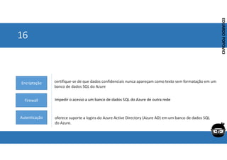 Corporativo | Interno
EDUARDO
POPOVICI
EDUARDO
POPOVICI
16
certifique-se de que dados confidenciais nunca apareçam como texto sem formatação em um
banco de dados SQL do Azure
Impedir o acesso a um banco de dados SQL do Azure de outra rede
oferece suporte a logins do Azure Active Directory (Azure AD) em um banco de dados SQL
do Azure.
Firewall
Encriptação
Autenticação
 