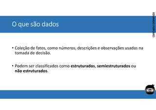 Corporativo | Interno
EDUARDO
POPOVICI
EDUARDO
POPOVICI
O que são dados
• Coleção de fatos, como números, descrições e observações usadas na
tomada de decisão.
• Podem ser classificados como estruturados, semiestruturados ou
não estruturados.
 