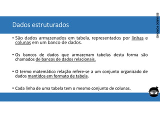 Corporativo | Interno
EDUARDO
POPOVICI
EDUARDO
POPOVICI
Dados estruturados
• São dados armazenados em tabela, representados por linhas e
colunas em um banco de dados.
• Os bancos de dados que armazenam tabelas desta forma são
chamados de bancos de dados relacionais.
• O termo matemático relação refere-se a um conjunto organizado de
dados mantidos em formato de tabela.
• Cada linha de uma tabela tem o mesmo conjunto de colunas.
 