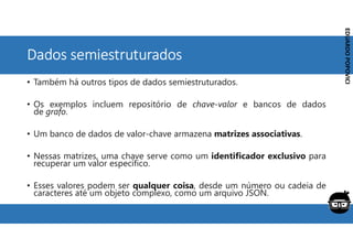Corporativo | Interno
EDUARDO
POPOVICI
EDUARDO
POPOVICI
Dados semiestruturados
• Também há outros tipos de dados semiestruturados.
• Os exemplos incluem repositório de chave-valor e bancos de dados
de grafo.
• Um banco de dados de valor-chave armazena matrizes associativas.
• Nessas matrizes, uma chave serve como um identificador exclusivo para
recuperar um valor específico.
• Esses valores podem ser qualquer coisa, desde um número ou cadeia de
caracteres até um objeto complexo, como um arquivo JSON.
 