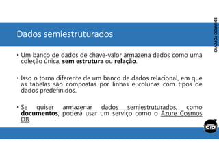 Corporativo | Interno
EDUARDO
POPOVICI
EDUARDO
POPOVICI
Dados semiestruturados
• Um banco de dados de chave-valor armazena dados como uma
coleção única, sem estrutura ou relação.
• Isso o torna diferente de um banco de dados relacional, em que
as tabelas são compostas por linhas e colunas com tipos de
dados predefinidos.
• Se quiser armazenar dados semiestruturados, como
documentos, poderá usar um serviço como o Azure Cosmos
DB.
 