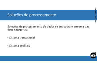Corporativo | Interno
EDUARDO
POPOVICI
EDUARDO
POPOVICI
Soluções de processamento
Soluções de processamento de dados se enquadram em uma das
duas categorias:
• Sistema transacional
• Sistema analítico
 