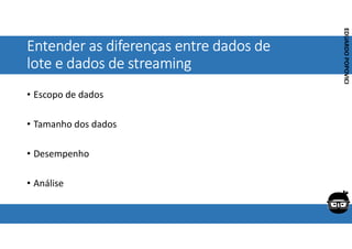 Corporativo | Interno
EDUARDO
POPOVICI
EDUARDO
POPOVICI
Entender as diferenças entre dados de
lote e dados de streaming
• Escopo de dados
• Tamanho dos dados
• Desempenho
• Análise
 