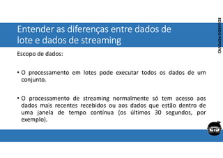 Corporativo | Interno
EDUARDO
POPOVICI
EDUARDO
POPOVICI
Entender as diferenças entre dados de
lote e dados de streaming
Escopo de dados:
• O processamento em lotes pode executar todos os dados de um
conjunto.
• O processamento de streaming normalmente só tem acesso aos
dados mais recentes recebidos ou aos dados que estão dentro de
uma janela de tempo contínua (os últimos 30 segundos, por
exemplo).
 