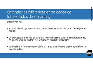 Corporativo | Interno
EDUARDO
POPOVICI
EDUARDO
POPOVICI
Entender as diferenças entre dados de
lote e dados de streaming
Desempenho:
• A latência do processamento em lotes normalmente é de algumas
horas.
• O processamento de streaming normalmente ocorre imediatamente,
com latência na ordem de segundos ou milissegundos.
• Latência é o tempo necessário para que os dados sejam recebidos e
processados.
 