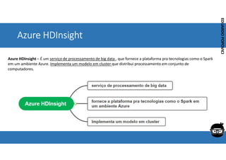 Corporativo | Interno
EDUARDO
POPOVICI
EDUARDO
POPOVICI
Azure HDInsight
Azure HDInsight – É um serviço de processamento de big data , que fornece a plataforma pra tecnologias como o Spark
em um ambiente Azure. Implementa um modelo em cluster que distribui processamento em conjunto de
computadores.
 