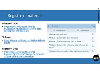 Corporativo | Interno
EDUARDO
POPOVICI
EDUARDO
POPOVICI
Registre o material
Microsoft DOCs
• https://docs.microsoft.com/pt-
br/learn/modules/explore-core-data-
concepts/1-introduction
Skillpipe
• https://www.skillpipe.com/#/bookshelf/
books
Microsoft Docs
• https://docs.microsoft.com/pt-
br/azure/architecture/guide/technology
-choices/data-store-overview
 