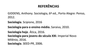 REFERÊNCIAS
GIDDENS, Anthony. Sociologia, 6ª ed., Porto Alegre: Penso,
2012.
Sociologia. Scipione, 2016
Sociologia para o ensino médio. Saraiva, 2010.
Sociologia hoje. Ática, 2016.
Sociologia para jovens do século XXI. Imperial Novo
Milênio, 2016.
Sociologia. SEED-PR, 2006.
 