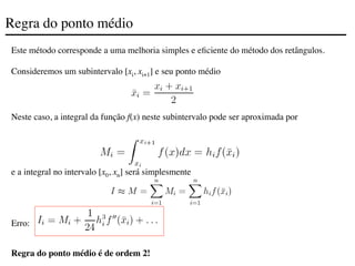 Regra do ponto médio
Este método corresponde a uma melhoria simples e eficiente do método dos retângulos.
Consideremos um subintervalo [xi, xi+1] e seu ponto médio
Neste caso, a integral da função f(x) neste subintervalo pode ser aproximada por
e a integral no intervalo [x0, xn] será simplesmente
Erro:
Regra do ponto médio é de ordem 2!
 