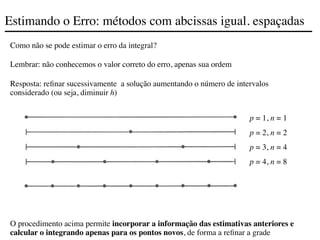 Estimando o Erro: métodos com abcissas igual. espaçadas
Como não se pode estimar o erro da integral?
Lembrar: não conhecemos o valor correto do erro, apenas sua ordem
Resposta: refinar sucessivamente a solução aumentando o número de intervalos
considerado (ou seja, diminuir h)
O procedimento acima permite incorporar a informação das estimativas anteriores e
calcular o integrando apenas para os pontos novos, de forma a refinar a grade
p = 1, n = 1
p = 2, n = 2
p = 3, n = 4
p = 4, n = 8
 