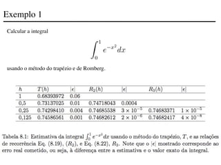 Exemplo 1
Calcular a integral
usando o método do trapézio e de Romberg.
 
