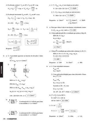 (1) Na direção vertical: TA cos 30° + TB cos 30° = mg
(TA + TB) = mg ⇒ TA + TB = (I)
(2) Na direção horizontal: TB cos 60° – TA cos 60° = ma
(TB – TA) = ma ⇒ TB – TA = 2ma (II)
(I) + (II): 2TB = + 2ma
TB = + ma ⇒ TB = m
΂ + a
΃
(I) – (II): 2TA = – 2 m a
Resposta:
4) a) 1) A gravidade aparente no interior do elevador é dada
por:
↑a
→
⇔ gap = g + a = 12,0m/s2
2)
PFD (A): T – PapA
= mAa’
PFD (B): PapB
– T = mBa’
PFD (A + B): PapB
– PapA
= (mA + mB) a’
mB (g + a) – mA (g + a) = (mA + mB) a’
(3,0 – 2,0) 12,0 = 5,0 . a’ ⇒
b)
A aceleração de A é vertical, para cima
e com módulo a’ + a = 4,4m/s2
A aceleração de B é vertical, para baixo
e com módulo a’ – a = 0,4m/s2
c) 1) T – PapA
= mA a’ (em relação ao elevador)
T – 2,0 . 12,0 = 2,0 . 2,4 ⇒
2) T – PA = mAaA (em relação ao solo terrestre)
T – 20,0 = 2,0 . 4,4 ⇒
Respostas: a) 2,4m/s2 b) ↑
→
aA (4,4m/s2) c) 28,8N
↓
→
aB (0,4m/s2)
5) a) Para que o blocoAnão se movimente verticalmente, temos:
T = PA = mA g = 0,3 . 10(N) ⇒
b) Aforça aplicada pelo fio é a resultante que acelera o bloco B.
PFD (B): T = mB a
mA g = mB a
a = g = . 10(m/s2)
c) Aforça
→
Fé a resultante que acelera todo o sistema (A+ B + C):
PFD (A + B + C): F = (mA + mB + mC)a
F = (0,3 + 0,2 + 1,5) 15 (N)
Respostas: a) 3,0N b) 15m/s2 c) 30N
6) a) 1) Com velocidade constante:
Fmola = P
kx1 = mg (I)
2) Com aceleração dirigida para cima (descendo e frean-
do, ↓
→
V ↑ →
a):
Fmola = Pap
kx2 = m (g + a) (II)
Fazendo-se (II) – (I), vem:
k (x2 – x1) = ma
1,0 . 103 . 2,0 . 10–2 = 10,0a ⇒
b) V2 = V2
0
+ 2␥ Δs (MUV)
0 = (4,0)2 + 2 (– 2,0) Δs
4,0 Δs = 16,0 ⇒
c) T = 2π
T = 2 . 3 . (s) ⇒
Respostas: a) 2,0m/s2 b) 4,0m c) 1,2s
a = 2,0m/s2
T = 28,8N
T = 3,0N
0,3
––––
0,2
mA
––––
mB
a = 15m/s2
T = 28,8N
F = 30N
a’ = 2,4m/s2
2mg
––––––
͙ෆ3
TB g + a ͙ෆ3
––– = –––––––––
TA g – a ͙ෆ3
g
TA = m
΂––––– – a
΃͙ෆ3
g + a ͙ෆ3
––––––––––
g – a ͙ෆ3
g
––––
͙ෆ3
mg
–––––
͙ෆ3
2mg
–––––
͙ෆ3
1
––
2
2m g
––––––
͙ෆ3
͙ෆ3
––––
2
Δs = 4,0m
L
–––––
g + a
T = 1,2s
0,48
–––––
12,0
36 –
FÍSICAA3.aS
C2_FIS_A_TAREFAS_Alelex 20/09/12 10:18 Página 36
 