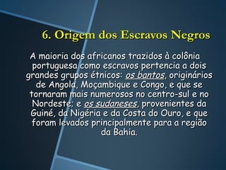 6. Origem dos Escravos Negros
 A maioria dos africanos trazidos à colônia
  portuguesa como escravos pertencia a dois
grandes grupos étnicos: os bantos, originários
   de Angola, Moçambique e Congo, e que se
 tornaram mais numerosos no centro-sul e no
  Nordeste; e os sudaneses, provenientes da
 Guiné, da Nigéria e da Costa do Ouro, e que
  foram levados principalmente para a região
                  da Bahia.
 