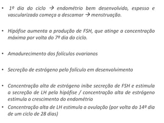   1º dia do ciclo    endométrio bem desenvolvido, espesso e vascularizado começa a descamar    menstruação. Hipófise aumenta a produção de FSH, que atinge a concentração máxima por volta do 7º dia do ciclo. Amadurecimento dos folículos ovarianos Secreção de estrógeno pelo folículo em desenvolvimento Concentração alta de estrógeno inibe secreção de FSH e estimula a secreção de LH pela hipófise / concentração alta de estrógeno estimula o crescimento do endométrio Concentração alta de LH estimula a ovulação (por volta do 14º dia de um ciclo de 28 dias) 