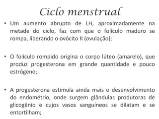 Ciclo menstrual Um aumento abrupto de LH, aproximadamente na metade do ciclo, faz com que o folículo maduro se rompa, liberando o ovócito II (ovulação); O folículo rompido origina o corpo lúteo (amarelo), que produz progesterona em grande quantidade e pouco estrógeno; A progesterona estimula ainda mais o desenvolvimento do endométrio, onde surgem glândulas produtoras de glicogênio e cujos vasos sanguíneos se dilatam e se entortilham; 