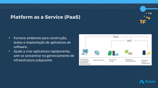 Platform as a Service (PaaS)
• Fornece ambiente para construção,
testes e implantação de aplicativos de
software.
• Ajuda a criar aplicativos rapidamente,
sem se concentrar no gerenciamento de
infraestrutura subjacente.
 