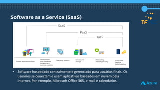 Software as a Service (SaaS)
• Software hospedado centralmente e gerenciado para usuários finais. Os
usuários se conectam e usam aplicativos baseados em nuvem pela
internet. Por exemplo, Microsoft Office 365, e-mail e calendários.
 