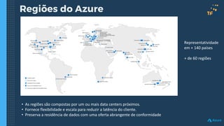 Regiões do Azure
Representatividade
em + 140 países
+ de 60 regiões
• As regiões são compostas por um ou mais data centers próximos.
• Fornece flexibilidade e escala para reduzir a latência do cliente.
• Preserva a residência de dados com uma oferta abrangente de conformidade
 