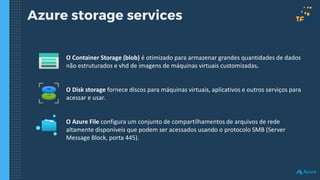 Azure storage services
O Container Storage (blob) é otimizado para armazenar grandes quantidades de dados
não estruturados e vhd de imagens de máquinas virtuais customizadas.
O Disk storage fornece discos para máquinas virtuais, aplicativos e outros serviços para
acessar e usar.
O Azure File configura um conjunto de compartilhamentos de arquivos de rede
altamente disponíveis que podem ser acessados usando o protocolo SMB (Server
Message Block, porta 445).
 