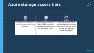 Azure storage access tiers
Hot Cool Archive
Otimizado para armazenar
dados que são acessados com
frequência.
Otimizado para armazenar
dados que são acessados e
armazenados com frequência
por pelo menos 30 dias.
Otimizado para armazenar
dados raramente acessados e
armazenados por pelo menos
180 dias com requisitos
flexíveis de latência.
 