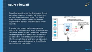 Azure Firewall
Firewall do Azure é um serviço de segurança de rede
gerenciado e baseado em nuvem que protege seus
recursos de Rede Virtual do Azure. É um firewall
como serviço totalmente com estado com alta
disponibilidade interna e escalabilidade de nuvem
irrestrita.
É possível criar, impor e registrar centralmente
políticas de conectividade de rede e de aplicativo em
assinaturas e redes virtuais. O Firewall do Azure usa
um endereço IP público estático para seus recursos
de rede virtual, permitindo que firewalls externos
identifiquem o tráfego originário de sua rede virtual.
O serviço é totalmente integrado ao Azure Monitor
para registro em log e análise.
 