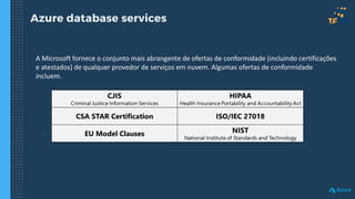 Azure database services
A Microsoft fornece o conjunto mais abrangente de ofertas de conformidade (incluindo certificações
e atestados) de qualquer provedor de serviços em nuvem. Algumas ofertas de conformidade
incluem.
 