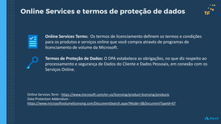 Online Services e termos de proteção de dados
Online Services Terms: Os termos de licenciamento definem os termos e condições
para os produtos e serviços online que você compra através de programas de
licenciamento de volume da Microsoft.
Termos de Proteção de Dados: O DPA estabelece as obrigações, no que diz respeito ao
processamento e segurança de Dados do Cliente e Dados Pessoais, em conexão com os
Serviços Online.
Online Services Term - https://www.microsoft.com/en-us/licensing/product-licensing/products
Data Protection Addendum -
https://www.microsoftvolumelicensing.com/DocumentSearch.aspx?Mode=3&DocumentTypeId=67
 