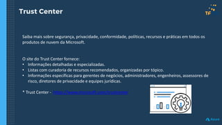 Trust Center
Saiba mais sobre segurança, privacidade, conformidade, políticas, recursos e práticas em todos os
produtos de nuvem da Microsoft.
O site do Trust Center fornece:
• Informações detalhadas e especializadas.
• Listas com curadoria de recursos recomendados, organizadas por tópico.
• Informações específicas para gerentes de negócios, administradores, engenheiros, assessores de
risco, diretores de privacidade e equipes jurídicas.
* Trust Center - https://www.microsoft.com/trustcenter
 
