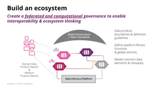 Data Infra as a PlatformData Infra as a Platform
Global Governance
| Open Standards
Data product
boundaries & deﬁnition
guidelines
Deﬁne platform ﬁtness
functions
& global services
Model common data
elements & metadataDomain Data
Product Owners
&
Platform
Product Owners
@zhamakd | © 2020 ThoughtWorks
Build an ecosystem
Create a federated and computational governance to enable
interoperability & ecosystem thinking
 