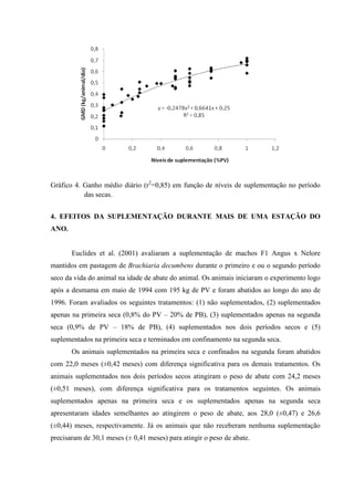 Gráfico 4. Ganho médio diário (r2=0,85) em função de níveis de suplementação no período
           das secas.


4. EFEITOS DA SUPLEMENTAÇÃO DURANTE MAIS DE UMA ESTAÇÃO DO
ANO.


       Euclides et al. (2001) avaliaram a suplementação de machos F1 Angus x Nelore
mantidos em pastagem de Brachiaria decumbens durante o primeiro e ou o segundo período
seco da vida do animal na idade de abate do animal. Os animais iniciaram o experimento logo
após a desmama em maio de 1994 com 195 kg de PV e foram abatidos ao longo do ano de
1996. Foram avaliados os seguintes tratamentos: (1) não suplementados, (2) suplementados
apenas na primeira seca (0,8% do PV – 20% de PB), (3) suplementados apenas na segunda
seca (0,9% de PV – 18% de PB), (4) suplementados nos dois períodos secos e (5)
suplementados na primeira seca e terminados em confinamento na segunda seca.
       Os animais suplementados na primeira seca e confinados na segunda foram abatidos
com 22,0 meses (±0,42 meses) com diferença significativa para os demais tratamentos. Os
animais suplementados nos dois períodos secos atingiram o peso de abate com 24,2 meses
(±0,51 meses), com diferença significativa para os tratamentos seguintes. Os animais
suplementados apenas na primeira seca e os suplementados apenas na segunda seca
apresentaram idades semelhantes ao atingirem o peso de abate, aos 28,0 (±0,47) e 26,6
(±0,44) meses, respectivamente. Já os animais que não receberam nenhuma suplementação
precisaram de 30,1 meses (± 0,41 meses) para atingir o peso de abate.
 