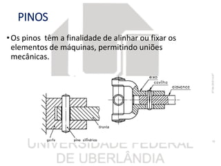 PINOS
•Os pinos têm a finalidade de alinhar ou fixar os
elementos de máquinas, permitindo uniões
mecânicas.
07/06/201816:07
10
 