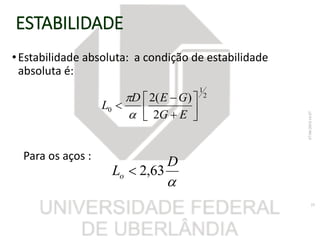 ESTABILIDADE
•Estabilidade absoluta: a condição de estabilidade
absoluta é:
Para os aços :
2
1
0
2
)(2









EG
GED
L



D
Lo 63,2
07/06/201816:07
25
 