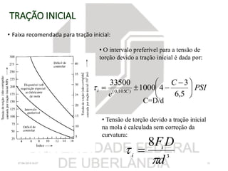 TRAÇÃO INICIAL
• Faixa recomendada para tração inicial:
07/06/2018 16:07 31
• O intervalo preferível para a tensão de
torção devido a tração inicial é dada por:
PSI
C
e Ci 




 

5,6
3
41000
33500
)105,0(

C=D/d
3
8
d
DFi
i

 
• Tensão de torção devido a tração inicial
na mola é calculada sem correção da
curvatura:
 