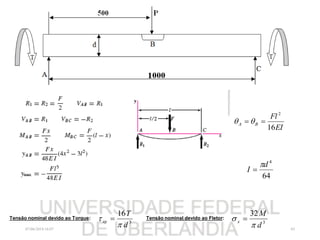07/06/2018 16:07 45
EI
Fl
BA
16
2
 
64
4
d
I


3
16
d
T
xy

  3
32
d
M
x

 Tensão nominal devido ao Torque: Tensão nominal devido ao Fletor:
 