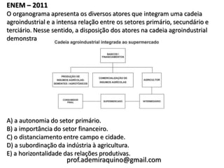 ENEM – 2011
O organograma apresenta os diversos atores que integram uma cadeia
agroindustrial e a intensa relação entre os setores primário, secundário e
terciário. Nesse sentido, a disposição dos atores na cadeia agroindustrial
demonstra




A) a autonomia do setor primário.
B) a importância do setor financeiro.
C) o distanciamento entre campo e cidade.
D) a subordinação da indústria à agricultura.
E) a horizontalidade das relações produtivas.
                     prof.ademiraquino@gmail.com
 
