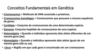 Conceitos Fundamentais em Genética
• Cromossomos = Molécula de DNA associada a proteínas.
• Cromossomos homólogos = Cromossomos que possuem a mesma sequência
de genes.
• Cariótipo = Conjunto de cromossomos de uma determinada espécie.
• Genoma: Conjunto haplóide de cromossomos de uma espécie.
• Heterozigoto = Quando o indivíduo apresenta dois alelos diferentes de um
mesmo gene (Aa).
• Homozigoto = Quando o indivíduo apresenta dois alelos iguais de um
mesmo gene (AA ou aa).
• Lócus = Região em que cada gene é encontrado em um cromossomo
 