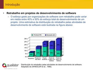 Introdução

•  Retrabalho em projetos de desenvolvimento de software
     –  O esforço gasto por organizações de software com retrabalho pode variar
        em média entre 40% e 50% do esforço total do desenvolvimento de um
        projeto. Uma estimativa da distribuição do retrabalho pelas atividades de
        desenvolvimento de software está ilustrada na figura abaixo:




                       Distribuição do retrabalho pelas atividades de desenvolvimento de software.
                       Adaptado de (WHEELER et al., 1996).
www.qualister.com.br
 