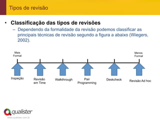 Tipos de revisão

•  Classificação das tipos de revisões
     –  Dependendo da formalidade da revisão podemos classificar as
        principais técnicas de revisão segundo a figura a abaixo (Wiegers,
        2002).

       Mais                                                                  Menos
      Formal                                                                 Formal




    Inspeção            Revisão   Walkthrough       Pair      Deskcheck   Revisão Ad hoc
                        em Time                 Programming




 www.qualister.com.br
 
