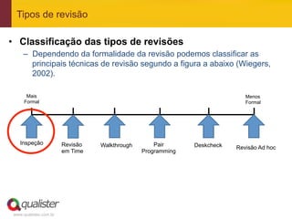 Tipos de revisão

•  Classificação das tipos de revisões
     –  Dependendo da formalidade da revisão podemos classificar as
        principais técnicas de revisão segundo a figura a abaixo (Wiegers,
        2002).

       Mais                                                                  Menos
      Formal                                                                 Formal




    Inspeção            Revisão   Walkthrough       Pair      Deskcheck   Revisão Ad hoc
                        em Time                 Programming




 www.qualister.com.br
 