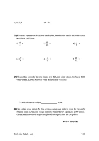 Prof. João Rafael - Mat 7/10
7,44 : 0,6 5,4 : 2,7
20) Escreva a representação decimal das frações, identificando se são decimais exatos
ou dízimas periódicas:
a)
4
21
= c)
20
77
= e)
6
11
=
b) 2
8
1
= d)
9
31
= f)
90
29
=
21) O candidato vencedor de uma eleição teve 52% dos votos válidos. Se houve 3500
votos válidos, quantos foram os votos do candidato vencedor?
O candidato vencedor teve ________________ votos.
22) No colégio onde estudo foi feita uma pesquisa para saber o meio de transporte
utilizado pelos alunos para chegar à escola. Responderam à pesquisa 2 000 alunos.
Os resultados em forma de porcentagem foram organizados em um gráfico.
Meio de transporte
 