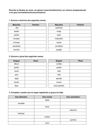 Recorda as flexões do nome: em género (masculino/feminino), em número (singular/plural)
e em grau (normal/diminutivo/aumentativo)!

1. Escreve o feminino dos seguintes nomes:

Masculino

Feminino

Masculino

ator

sabichão

ladrão

irmão

patrão

autor

europeu

imperador

príncipe

conde

estudante

jornalista

carneiro

Feminino

zangão

2. Escreve o plural dos seguintes nomes:

Singular

Plural

Singular

álbum

cordão

jardim

pardal

anzol

mãe

paul

mão

réptil

alemão

doutor

nuvem

lápis

Plural

amor-perfeito

3. Completa o quadro que se segue registando os graus em falta.

Grau diminutivo

Grau normal

Grau aumentativo

rapaz
mocetão
boca
cãozinho
dentuça
mulher
portinha
muro

 