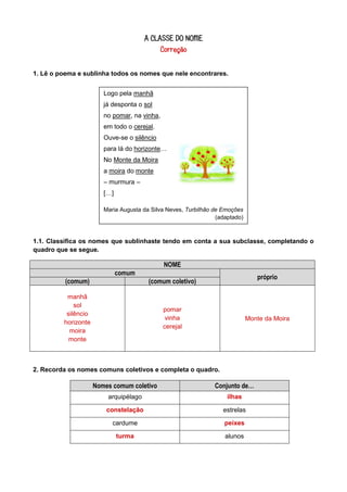 A CLASSE DO NOME
Correção
1. Lê o poema e sublinha todos os nomes que nele encontrares.
Logo pela manhã
já desponta o sol
no pomar, na vinha,
em todo o cerejal.
Ouve-se o silêncio
para lá do horizonte…
No Monte da Moira
a moira do monte
– murmura –
[…]
Maria Augusta da Silva Neves, Turbilhão de Emoções
(adaptado)

1.1. Classifica os nomes que sublinhaste tendo em conta a sua subclasse, completando o
quadro que se segue.

NOME
comum
(comum)
manhã
sol
silêncio
horizonte
moira
monte

próprio

(comum coletivo)

pomar
vinha
cerejal

Monte da Moira

2. Recorda os nomes comuns coletivos e completa o quadro.

Nomes comum coletivo

Conjunto de…

arquipélago

ilhas

constelação

estrelas

cardume

peixes

turma

alunos

 