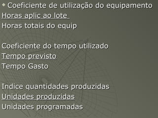  Coeficiente de utilização do equipamentoCoeficiente de utilização do equipamento
Horas aplic ao loteHoras aplic ao lote
Horas totais do equipHoras totais do equip
Coeficiente do tempo utilizadoCoeficiente do tempo utilizado
Tempo previstoTempo previsto
Tempo GastoTempo Gasto
Indice quantidades produzidasIndice quantidades produzidas
Unidades produzidasUnidades produzidas
Unidades programadasUnidades programadas
 