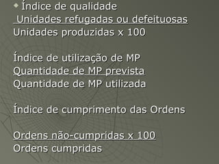  Índice de qualidadeÍndice de qualidade
Unidades refugadas ou defeituosasUnidades refugadas ou defeituosas
Unidades produzidas x 100Unidades produzidas x 100
Índice de utilização de MPÍndice de utilização de MP
Quantidade de MP previstaQuantidade de MP prevista
Quantidade de MP utilizadaQuantidade de MP utilizada
Índice de cumprimento das OrdensÍndice de cumprimento das Ordens
Ordens não-cumpridas x 100Ordens não-cumpridas x 100
Ordens cumpridasOrdens cumpridas
 