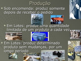 ProduçãoProdução
 Sob encomenda: produz somenteSob encomenda: produz somente
depois de receber o pedidodepois de receber o pedido
 Em Lotes: produz uma quantidadeEm Lotes: produz uma quantidade
limitada de um produto a cada vezlimitada de um produto a cada vez
 Em Lotes: produz determinadoEm Lotes: produz determinado
produto sem mudanças, por umproduto sem mudanças, por um
longo períodolongo período
 