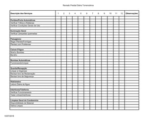 Revisão Predial Diária Torremolinos
10/07/2018
Descrição dos Serviços 1 2 3 4 5 6 7 8 9 10 11 12 Observações
Portões/Porta...