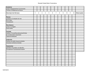 Revisão Predial Diária Torremolinos
10/07/2018
Academia
Limpa e Equipamentos Funcionando
Trincas e Problemas de Pintura
De...