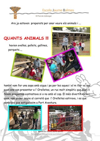 Ara ja estaven preparats per anar veure els animals i ...




QUANTS ANIMALS !!!
    havien ovelles, pollets, gallines,
   porquets...,




també vam fer una sopa amb aigua i pa per les oques i el m illor va ser
quan ens van presentar a l’ Orelletes, un ruc molt simpàtic que quan li
fèiem preguntes contestava si o no amb el cap. El més divertit va ser
quan vam poder seure al carretó que l’ Orelletes estirava, i es que
semblava que estiguéssim a Port Aventura.




                              Revista de l’Escola Jaume Balmes
                       http://www.xtec.cat/ceip-jaumebalmes-elprat/
                                                                          7
 